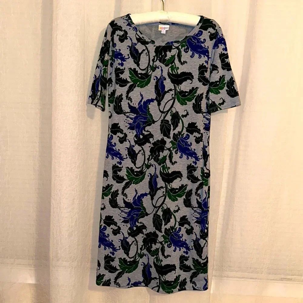 LuLaRoe L Julia Gray Green Blue Floral Short Sleeve Crewneck Dress